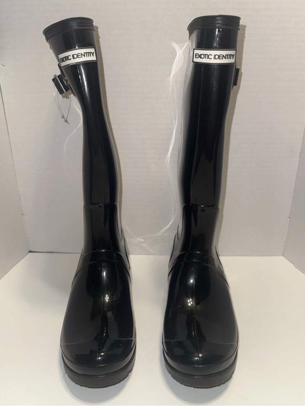 Exotic Identity Black Knee High Pull-On Rain Boots Toe Buckle Logo womans Sz 8